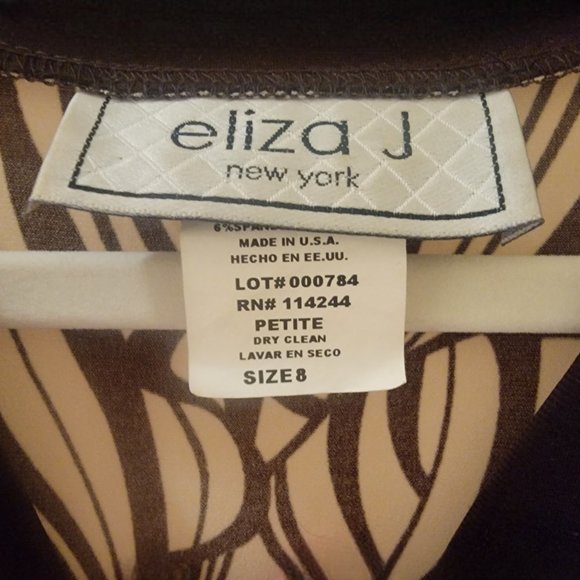 Eliza J  Dress Size 8 Brown Ivory Print Tie Waist Front Keyhole Stretch Knit - Picture 5 of 6